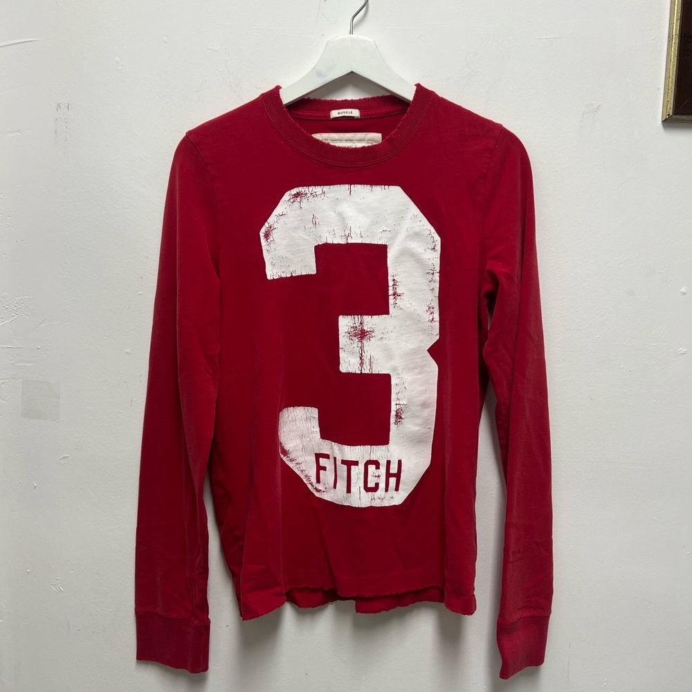 Vintage Abercrombie & Fitch Men's Red Graphic Number Long-Sleeve Sweater